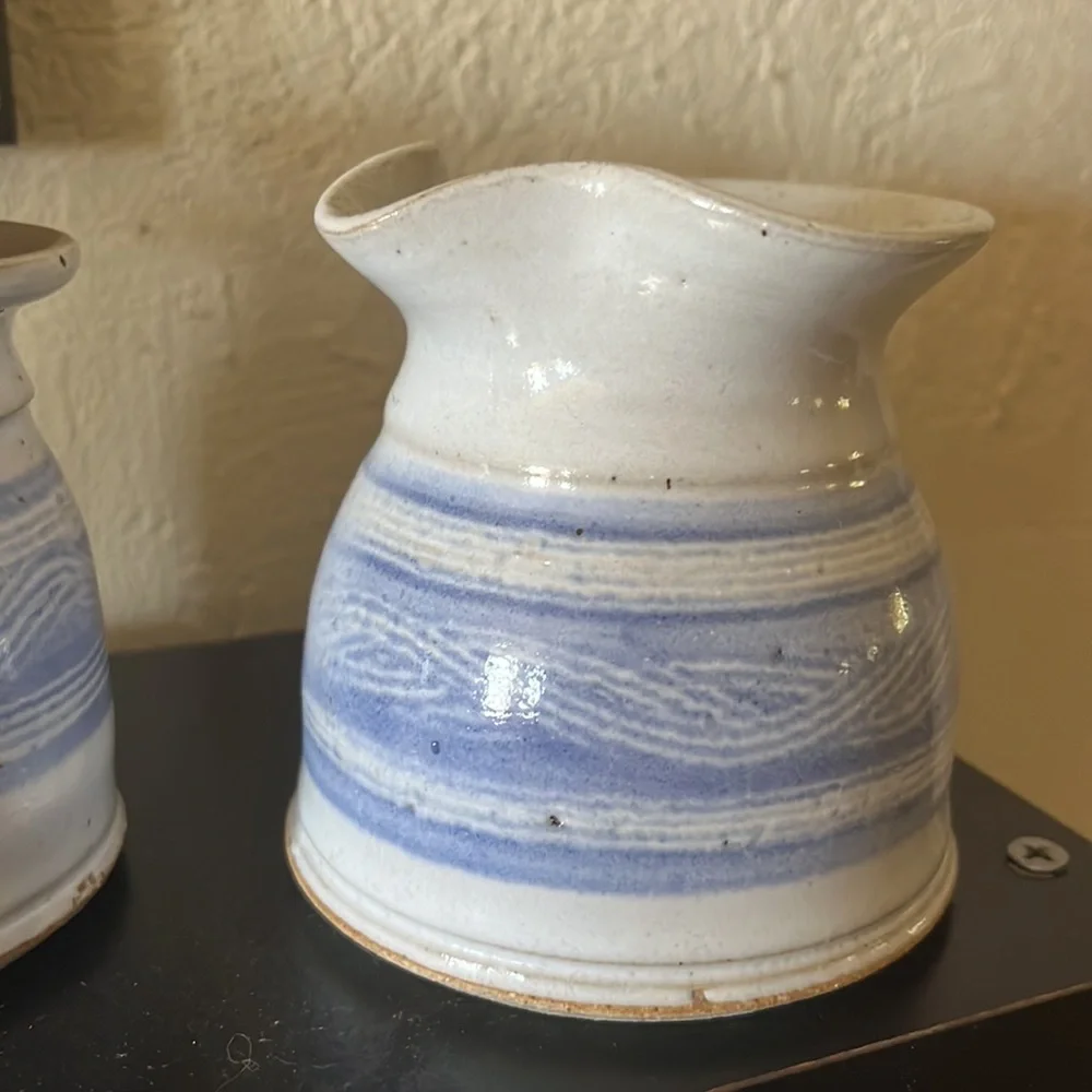 Vintage Studio Art Pottery Set Handthrown Stoneware Blue & White Sugar Creamer